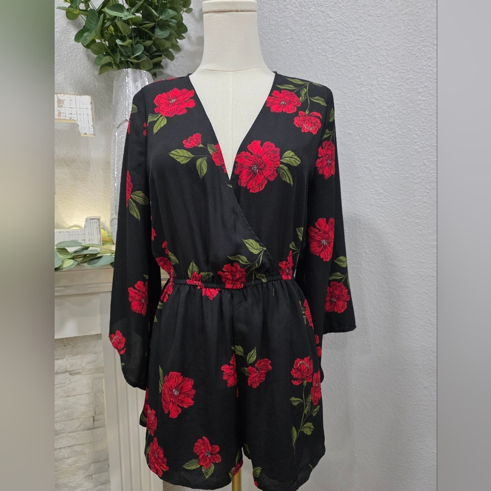 Tobi Black Dress with Red Floral Design